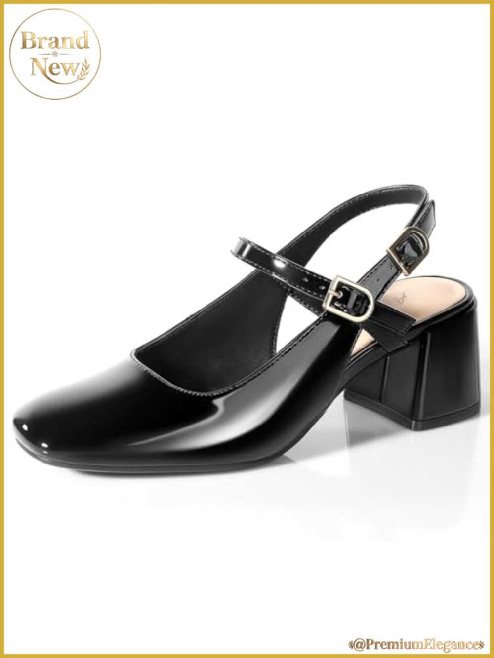 Women's Faux Leather Mary Jane Slingback Chunky Heel Square Toe Dress Pumps